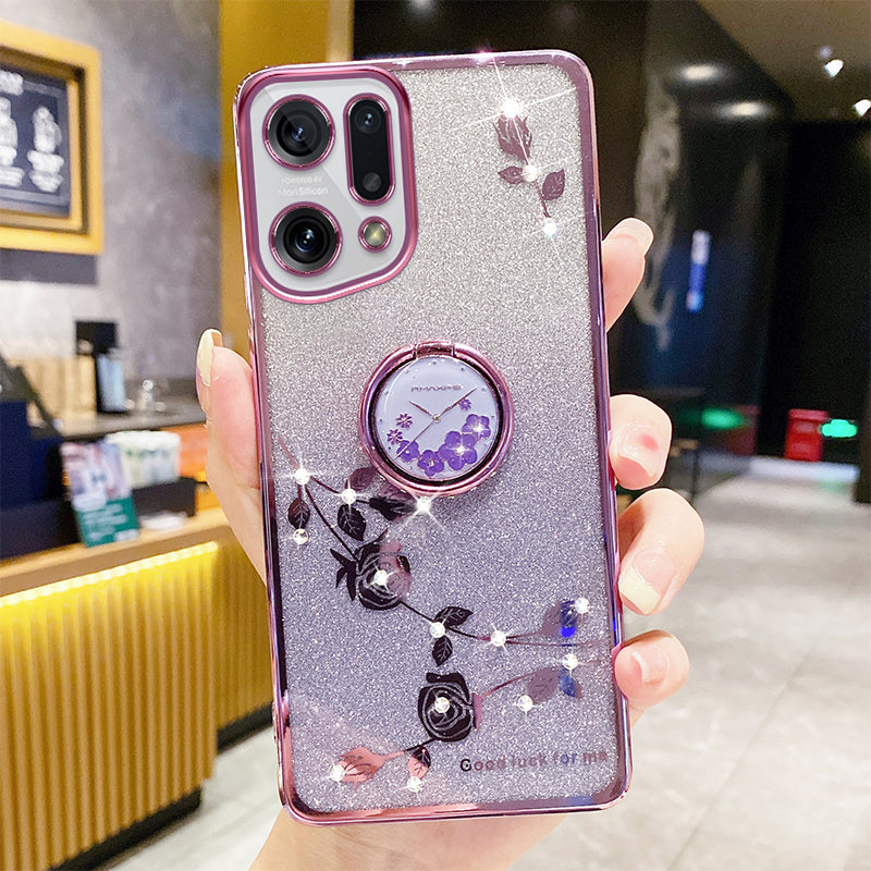 Gradient Glitter Phone Cover For Oppo Find X5 Drop-proof Soft TPU Phone Case with Flower Pattern Rhinestone Decor Ring Kickstand Gradient Glitter Phone Cover For Oppo Find X5 Drop-proof Soft TPU Phone Case with Flower Pattern Rhinestone Decor Ring Kickstand